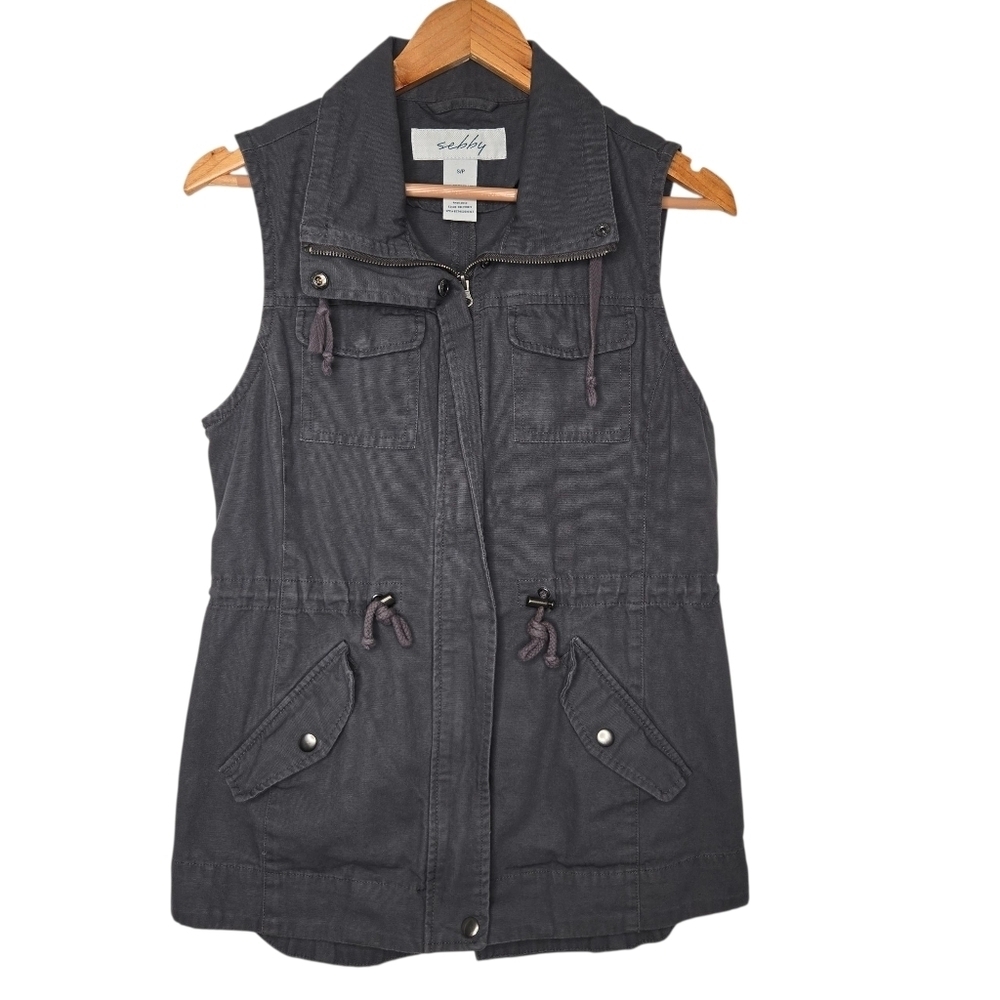 Sebby Womens Gray Cotton Military Utility Tunic Cargo Vest Jacket Size Small